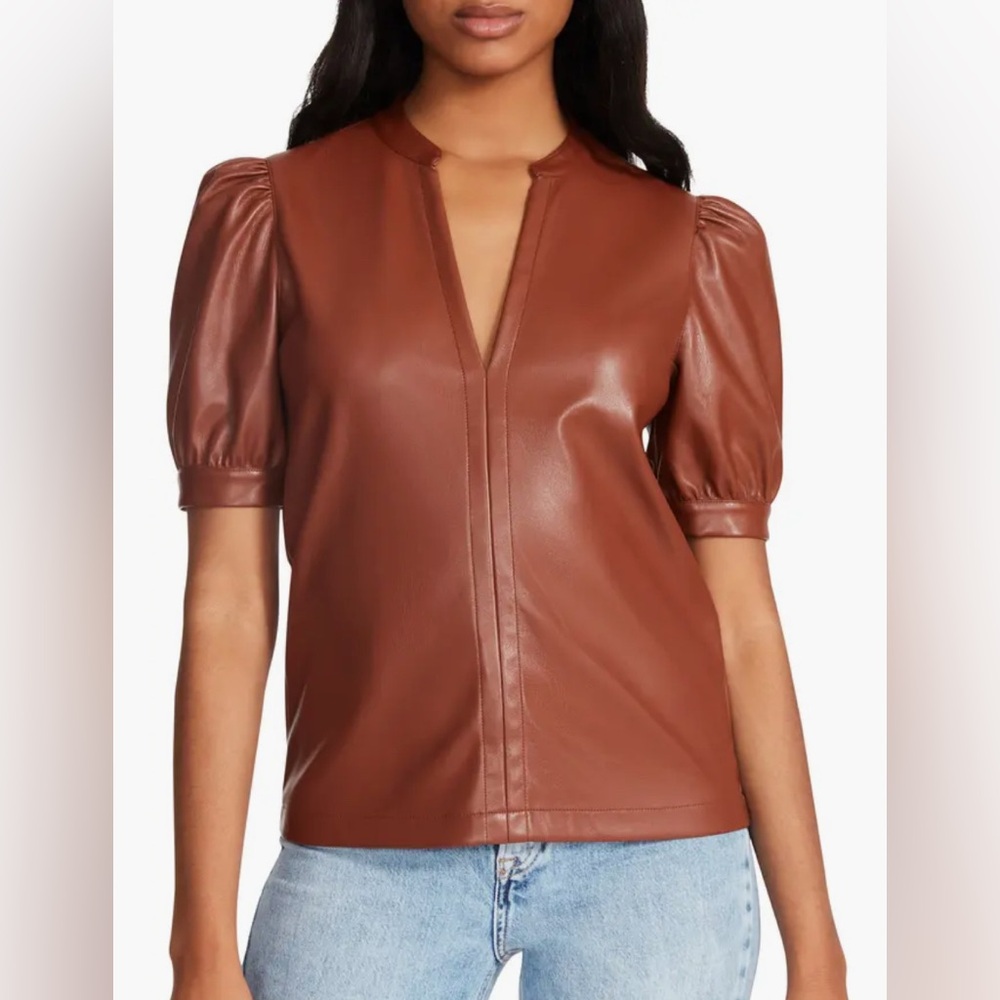 Steve Madden Jane Puff Sleeve Faux Leather Top Women’s Sz XS